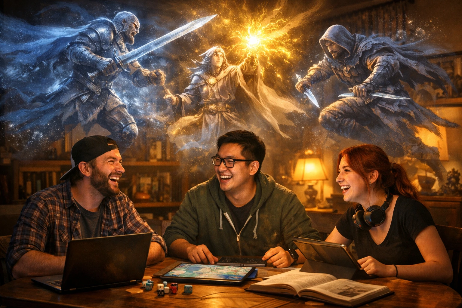 Abenteurer am Spieltisch — atmosphärische Tafelrunden-Szene